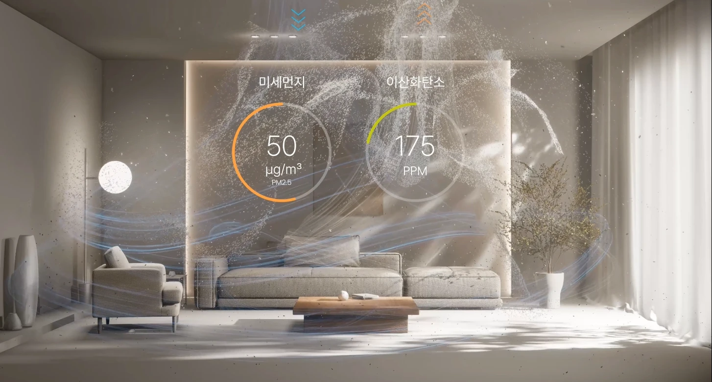 Clean Air System의 실내 공기 흐름과 상태 수치 연출